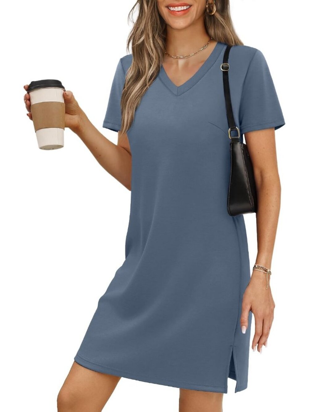 Women Dusty Blue Polyester Blend Short Sleeve V Neck Pull On Casual Mini Dress